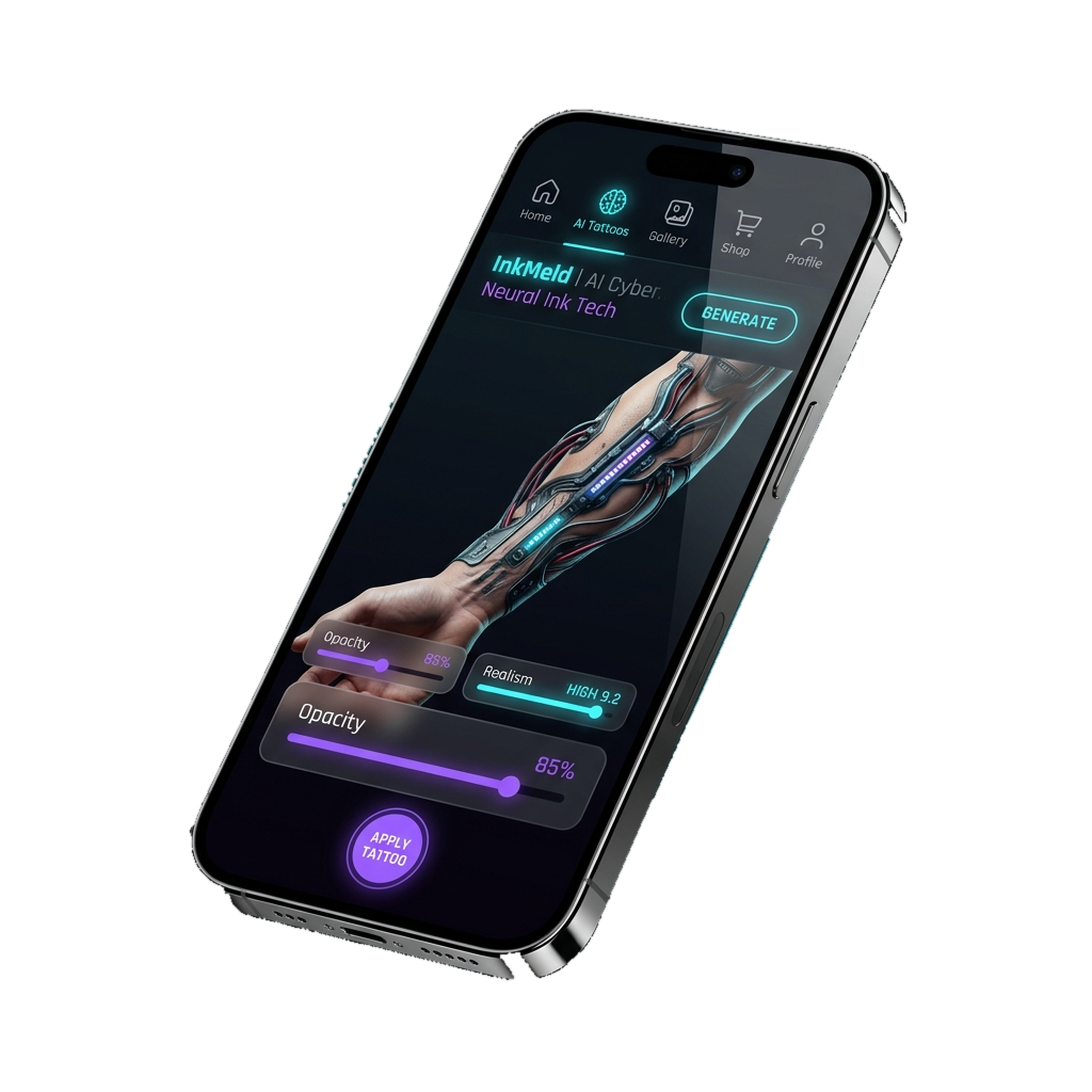InkMeld app showing a cybernetic arm tattoo preview with realism controls