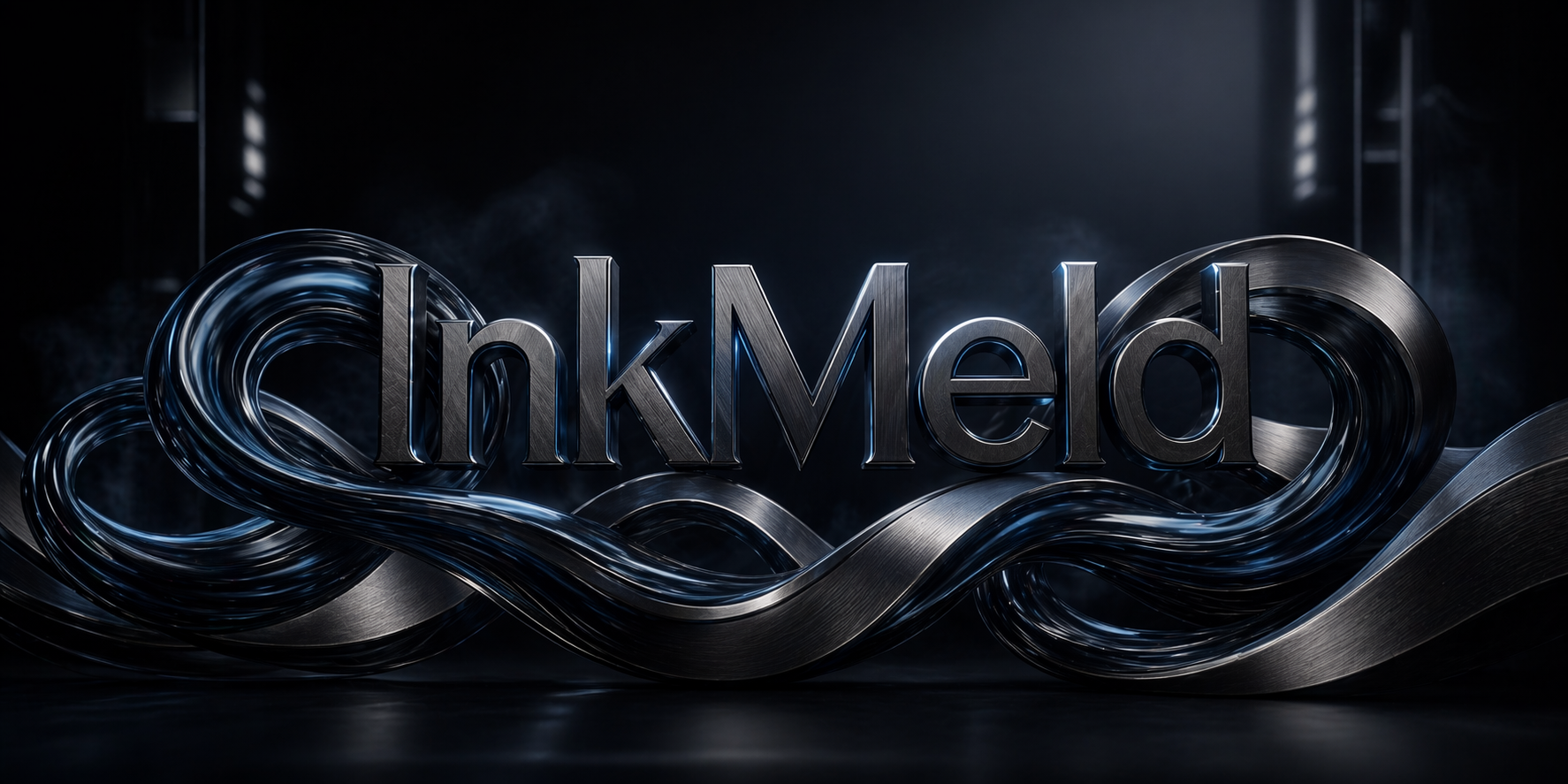 InkMeld brand scene — neon metallic mark in a cinematic dark chamber