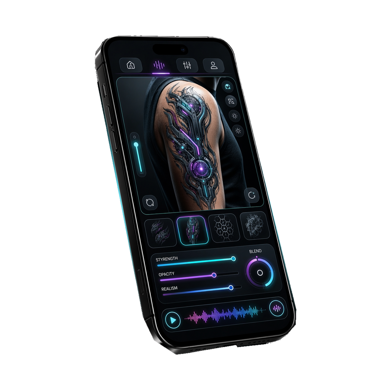 InkMeld app showing a shoulder tattoo preview, responding to live control adjustments